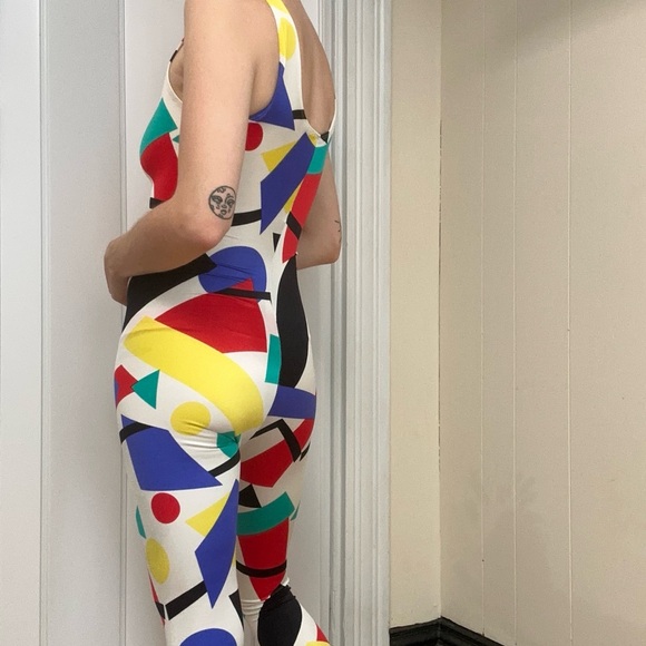 Vintage 90s Stretchy Bright Quirky Graphic Geometric Multicolor Jumpsuit - Picture 3 of 12